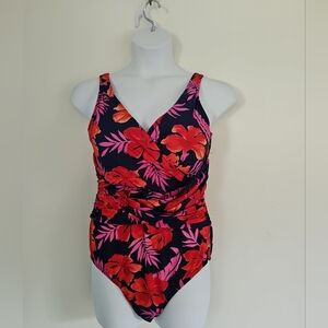 Lands' End One Piece Swimsuit Multicolor Tropical Floral Suze 16 Crossover Front